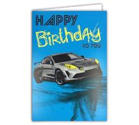 Biglietto FLUO Happy Birthday to you con busta, 12 x 17,5 cm, illustrazione auto sportiva coupé grigia, corsa automobilistica, con inchiostri FLUO blu da uomo, creato e fabbricato in Francia