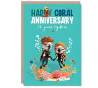 Biglietto giocoso per il 35° anniversario - Making a Splash Together - Eccentrico Scena di corallo sottomarino con coppia di immersioni subacquee - celebra i 35 anni di avventura - A5, busta inclusa