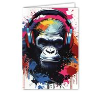 Biglietto Gorilla Scimmia che ascolta la musica con un auricolare rosso brillante, con busta bianca, formato 12 x 17,5 cm, biglietto aperto interno bianco 23 x 17 cm, prodotto in Francia, per