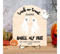 Biglietto in legno personalizzato per la prima pietra miliare di Halloween del bambino, dolcetto o scherzetto, cartello con impronta del piede del bambino, ricordo di Halloween, fai da te, decorazioni