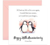 Biglietto per anniversario di matrimonio con pinguino, con scritta "Happy 28th Anniversary" Twenty Eight Years Together, regalo per marito e moglie, design romantico e carino, regalo premuroso per