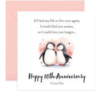Biglietto per anniversario di matrimonio con pinguino, con scritta "Happy Decth Anniversary", regalo per 10 anni insieme, per marito e moglie, design romantico e carino, regalo premuroso per loro