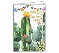 Biglietto per auguri di compleanno, motivo: cactus, fiori, pompon, colore: nero e oro, per feste di auguri, brillante, chic e alla moda