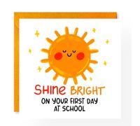 Biglietto per il primo giorno di scuola, Shine Bright, simpatico design con sole, incoraggiamento per bambini, ricevimento o scuola elementare, biglietto per il rientro a scuola, scuola secondaria