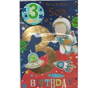 Biglietto per il terzo compleanno del figlio con tema spaziale e distintivo, età 3 anni oggi