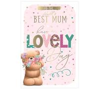 Biglietto per la festa della mamma con scritta "World's Best Mum Have a Lovely Day", rosa con orsacchiotto, 23 x 15 cm