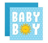 Biglietto per neonato - Sole carino - pois blu per neo genitori, mamma, papà, amici, fratello, sorella, cugino - ideale per baby shower, celebrazione della nascita, rivelazioni di genere - fornito con