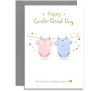 Biglietto per rivelare il sesso dei genitori, coppia di body rosa e blu con scritta "Lui or Lei", formato A5, con busta grigia