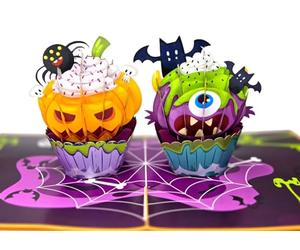 Biglietto pop-up 3D per Halloween, cupcake con zucca, ragno e pipistrelli, biglietto pieghevole fatto a mano, 15 x 20 cm, con busta, biglietti creativi per bambini e adulti, decorazione e idea regalo