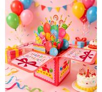 Biglietto pop-up di buon compleanno, 23 x 17,5 cm, scatola esplosiva 3D | Il fiocco rosa e la copertura colorata di buon compleanno lo rendono una sorpresa pronta per bambini