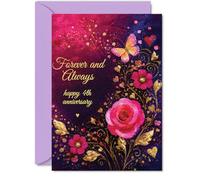 Biglietto romantico per il 4° anniversario - Forever and Always - Rose rosa, farfalla e dettagli cuore oro su uno sfondo blu navy - A5, busta inclusa