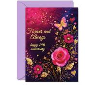 Biglietto romantico per il decennio di anniversario - Festeggia un decennio di amore - rosa e oro floreale con farfalla e cuori - 12,7 x 17,8 cm, busta inclusa