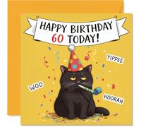 Biglietto sarcastico per 60° compleanno - Sixty Years Young? This Grumpy Cat Says Otherwise - Cappello da festa, coriandoli e un lato di sarcasmo - quadrato da 145 mm, busta inclusa