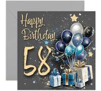 Biglietto speciale per il 58° compleanno da uomo, cinquantotto anni, blu e oro, regali e palloncini, opera d'arte da uomo, elegante e tradizionale regalo di compleanno per età, interno bianco con