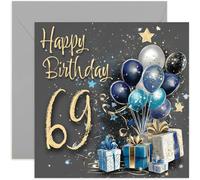 Biglietto speciale per il 69° compleanno da uomo, sessantanove anni, blu e oro, regali e palloncini, opera d'arte da uomo, elegante e tradizionale regalo di compleanno per età, interno bianco con