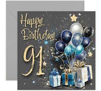 Biglietto speciale per il 91° compleanno da uomo, per novantuno anni, blu e oro, regali e palloncini, opera d'arte per uomini, elegante e tradizionale, regalo di compleanno per età, interno bianco con