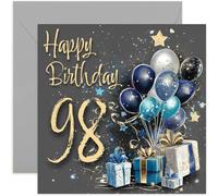 Biglietto speciale per il 98° compleanno da uomo, per novantotto anni, blu e oro, regali e palloncini, opere d'arte per uomini, elegante e tradizionale regalo di compleanno per età, interno bianco con