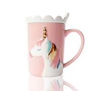 BigNoseDeer Simpatiche Tazze in Ceramica con Unicorno Divertente Tazza da Caffè Tazze da tè o da Latte con Coperchio e Cucchiaio per Bambine Donne Ragazze Regali Unicorno per Ragazze (Rosa)