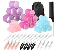 Bigodini Autoadesivi 50 Pezzi - 24 Bigodini per Capelli in 4 Misure (60/48/36/25mm) con 24 Clip in Acciaio Inox, Set per Ricci Naturali senza Calore per Capelli Lunghi, Medi e Corti, Ideale per Volume