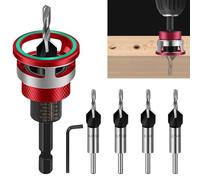 BIGP Set di 4 punte per svasatura conica con arresto di profondità, codolo esagonale da 1/4", HSS-M2, per fori precisi in legno (2,8/3,2/3,5/4,0 mm), con supporto per punte e chiave esagonale (rosso)