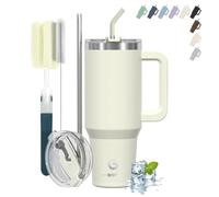 BIGRD Tazza termica da 40 oz per Go Mug, bottiglia termica isolata, doppia parete, in acciaio inox, a prova di perdita, con manico e doppia cinghia, kit di pulizia, thermos, beige