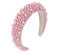 Biiange Cerchietto per capelli con perle rosa, da donna, per matrimonio, soffice fascia imbottita con perle finte, fascia larga e spessa con perline brillanti (1 pezzo)