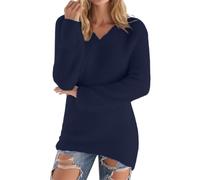 BIISDOST Maglione invernale da donna, caldo, con scollo a V, ispessito, a maniche lunghe, imbottito, 2025, in peluche, imbottito, in pile, taglie S-5XL, Blu marino, L