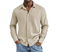 biJerou Camicie lunghe in cotone da uomo, casual, casual e confortevole, camicia a maniche corte testurizzata da uomo, camicia a quadri rossa, beige., L