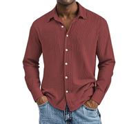 biJerou Camicie lunghe in cotone da uomo, casual, casual e confortevole, camicia a maniche corte testurizzata da uomo, camicia a quadri rossa, Vino, M