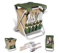 BIKAIN Kit di Giardinaggio con Sgabello Pieghevole e 5 Attrezzi - KIT3 | Struttura in acciaio resistente fino a 100 kg, manici in legno e borsa porta attrezzi con cerniera