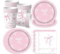 Bikasun Set di stoviglie per feste a forma di nodo rosa, piatti per compleanno, bicchieri da principessa, piatti di carta per bambine, donne, feste di compleanno per bambini 16 invitati