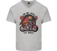 Biker In Strada Verso L'Inferno Maglietta In Cotone A V Per Uomo Con Teschio