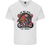 Biker In Strada Verso L'Inferno Maglietta In Cotone A V Per Uomo Con Teschio