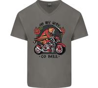 Biker In Strada Verso L'Inferno Maglietta In Cotone A V Per Uomo Con Teschio