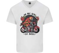 Biker In Strada Verso L'Inferno Maglietta In Cotone A V Per Uomo Con Teschio
