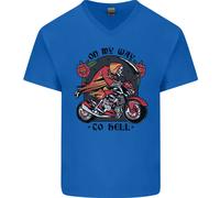 Biker In Strada Verso L'Inferno Maglietta In Cotone A V Per Uomo Con Teschio