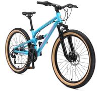 BIKESTAR MTB Mountain bike sospensione completa alluminio per bambini 9 anni | Bicicletta 24 pollici 21 velocità Shimano, freni a disco | Blu