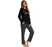 BIKING Pigiami a Maniche Lunghe, Pigiami da Donna Pigiami Carini Pigiami a Pois ondulati Pigiami da Viaggio per la casa Comodi e Casual (Nero, 2XL)
