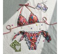 Bikini a 2 pezzi con volant in pizzo floreale carino, adatto per vacanze estive in spiaggia e isola L,M,S,XL,XSGrafico,PianteTessuto