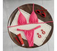 Bikini a due pezzi da donna in stile boho colorblock a quadri, con laccetti alla nuca e sulla schiena, adatto per la spiaggia, elegante e casual per le vacanze, utilizzabile per feste in spiaggia, sur