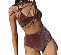 Bikini a Fascia Costume Donna 2 Pezzi Coprente Women Two Piece Bathing Suit Sexy Bikini Set Shiny Solid Color Swimsuit High Waisted Beachwear Costume da Bagno Donna Vita Alta Costumi Sexy (Wine L)