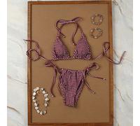 Bikini a incrocio con collo alto a quadri rosso scuro e bianco, un set di due pezzi dolce e sexy per una vacanza romantica in spiaggia, estate 2026, abiti da compleanno per donne, abbigliamento da pal