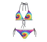 Bikini a Triangolo a Vita Alta da Donna con Stampa a Spirale Tie-Dye, Set Bikini a Due Pezzi con Laccetti, Taglia M