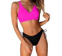 Bikini a vita alta da donna con spalline regolabili, set bikini da donna, scollo a V, triangolo largo sotto il petto allacciatura a vita media, rosa acceso, XL