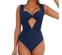 Bikini a vita alta Set da donna Deep V Hard Cup Costume da bagno a due pezzi Push up Coppe imbottite Halter Neck Tie Pantaloni laterali Cinghie regolabili Spiaggia, 02#_blu scuro, L