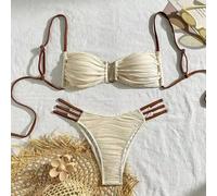 Bikini Bianco Panna Plissé Con Spalline Sottili E Fibbia Oro Sexy 2F2D