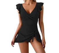 Bikini Cup E 44 Women's Spring/Summer V Neck Lace Split Solid Color Swimsuit Tuta da donna, Nero , 5XL