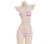 Bikini da donna, 2 pezzi, con lacci regolabili, design a righe, tessuto ad asciugatura rapida e altamente elastico, per spiaggia o nuoto estivo (taglia media rosa e bianco)