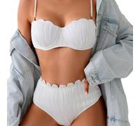 Bikini da donna 2 pezzi con spalline finte perlate, costume da bagno a sirena testurizzato opaco, bianco, Large-X-Large