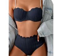 Bikini da donna 2 pezzi con spalline finte perlate, costume da bagno a sirena testurizzato opaco, nero, XXL/3XL